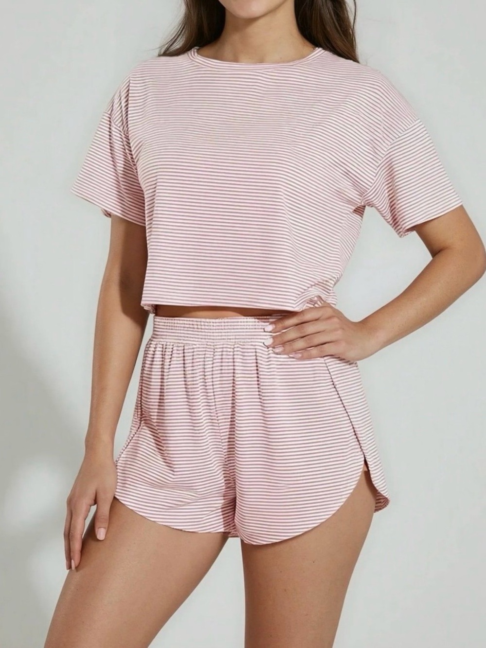 New NWOT Pink White Striped Pajama Lounge Set Size XL Soft Side Split Shorts